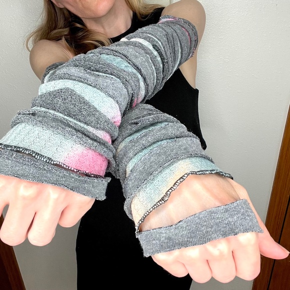 Mummy Bandage Gloves Pink Tie Dye Lace Up Arm Warmers Gray Ripped Whimsygoth Psy - Picture 7 of 11